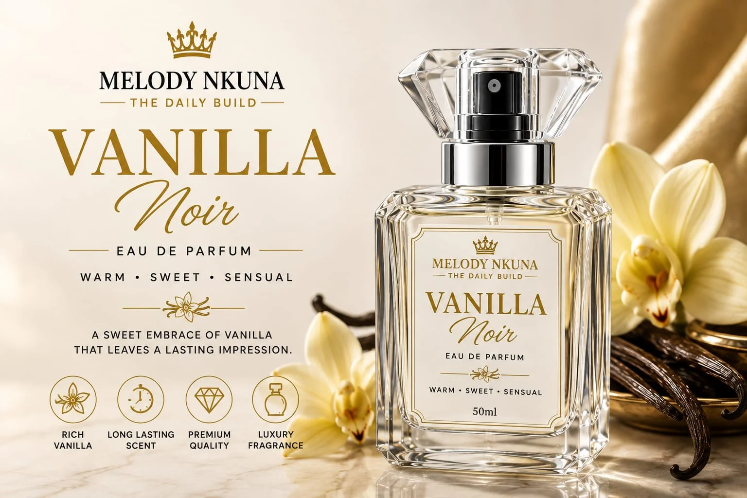 Melody Nkuna Vanilla Perfume bottle with warm golden tones